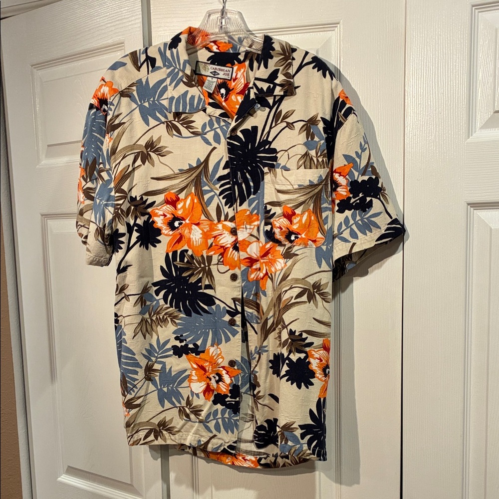 Caribbean Joe Tropical Floral Men's Shirt - Orange, Navy, Cream
